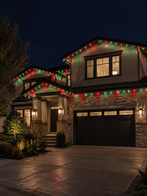 Modern two-story home with permanent smart lighting: holiday colors
