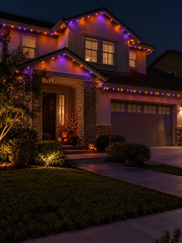 Suburban home with permanent smart lighting: halloween colors