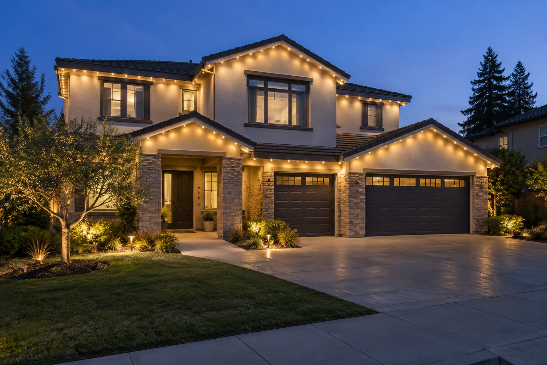 Silicon Valley home with permanent warm white roofline LED lighting at dusk