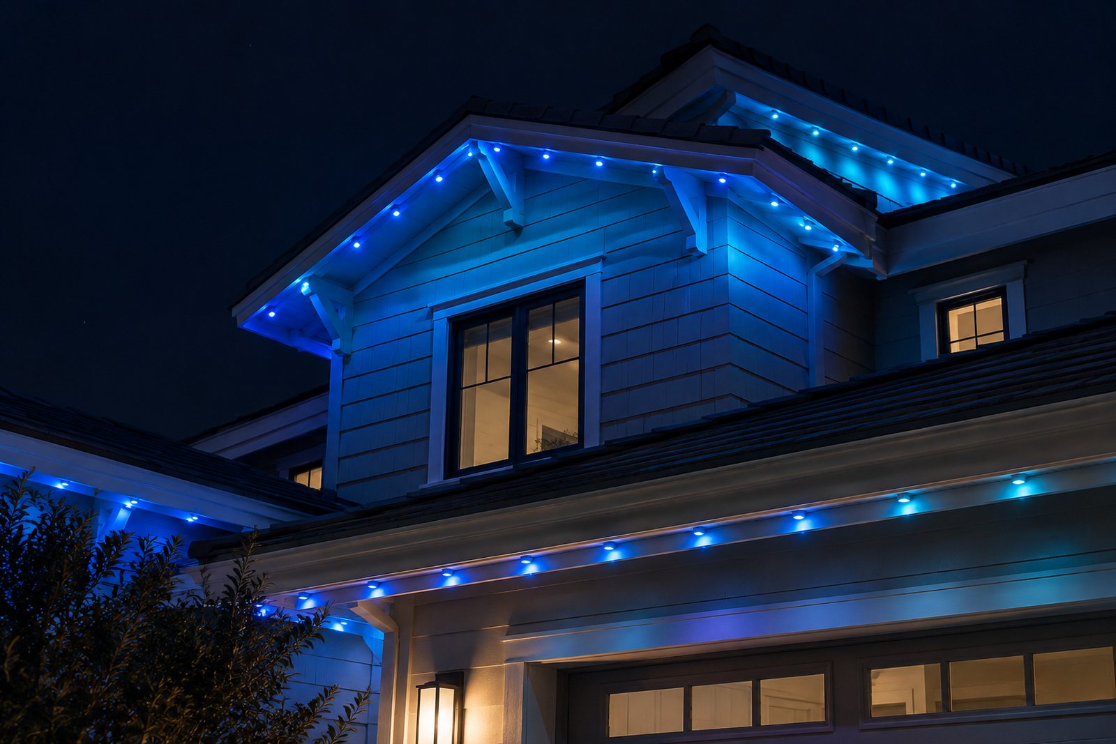 Roofline glowing blue with permanent smart LED lights at night