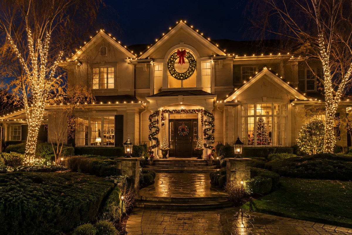 Silicon Valley home professionally decorated with classic Christmas lights