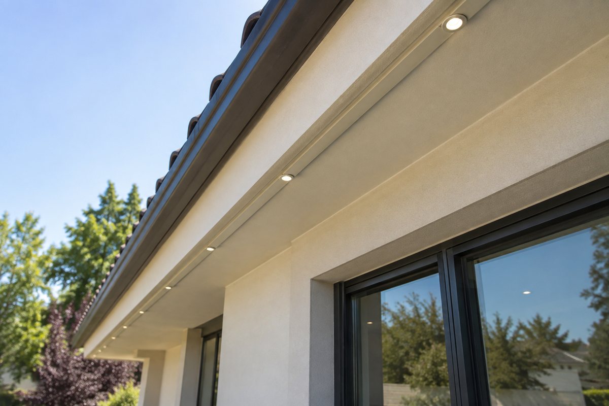 Close-up of a low-profile permanent LED light track blended into the eave trim