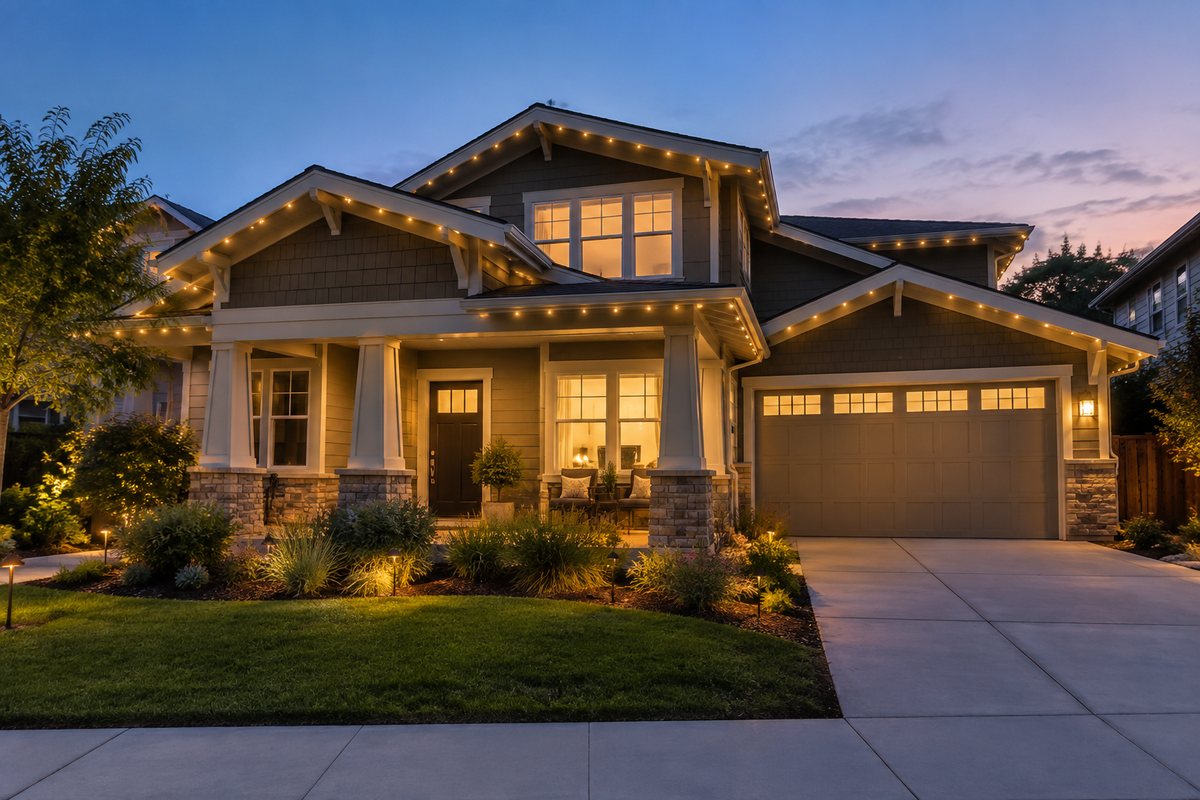 Craftsman home in San Jose, CA with warm white permanent roofline lights