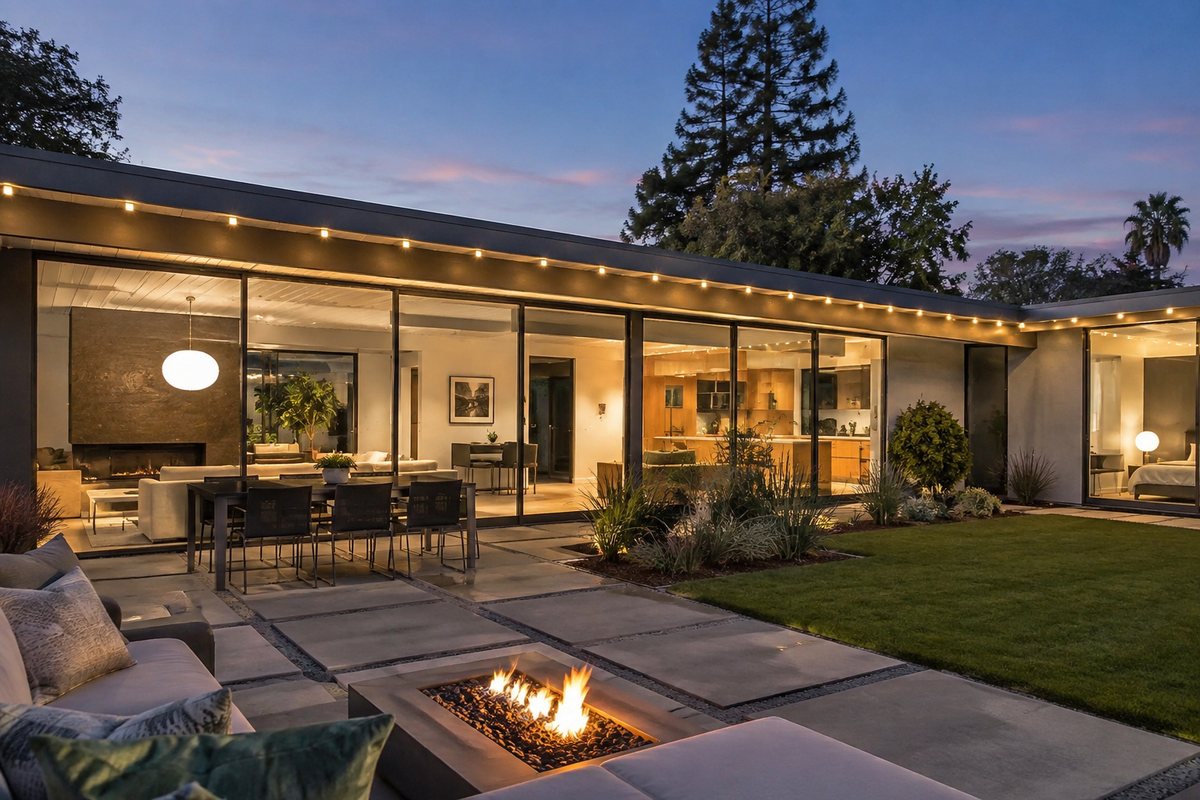 Mid-century modern Sunnyvale, CA home with permanent fascia lighting